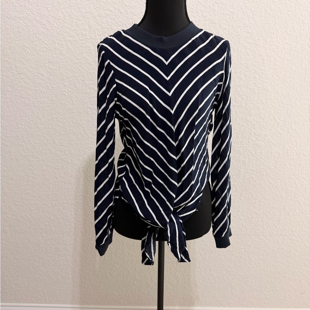 ZARA Navy White Chevron Long Sleeve Blouse Front Tie Knot